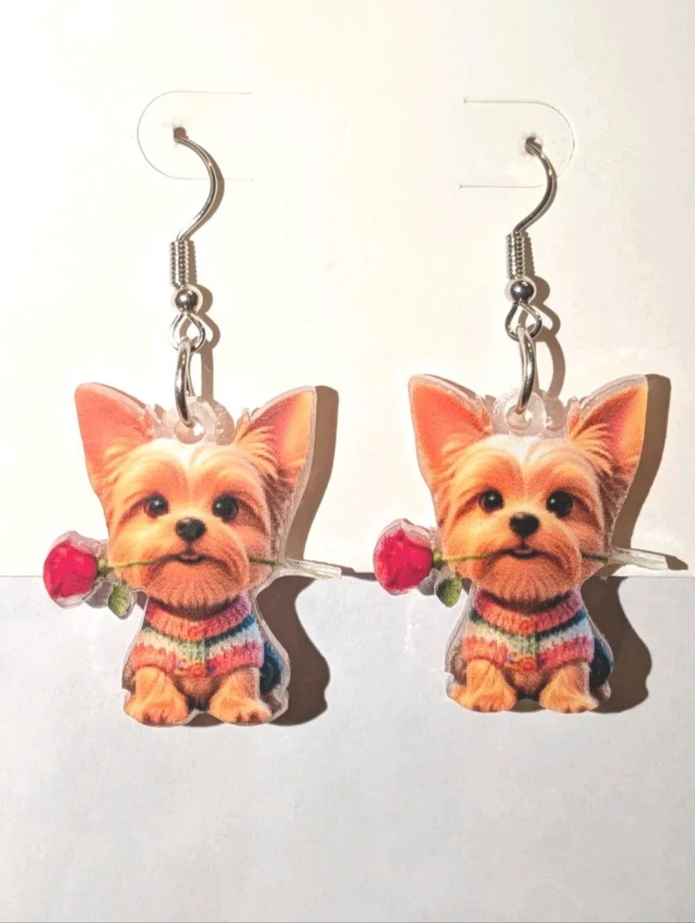 Hand Crafted Yorkie Puppy Earrings with Red Rose